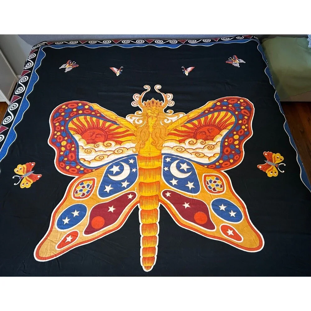 Hand‎ loomed Fairy Butterfly Sun & Moon Tapestry Bed Wall India 85” X 102”